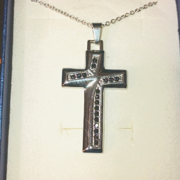 Black Onyx Cross Pendant Necklace Silver - Picture 2 of 12